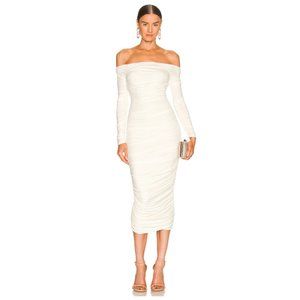 RONNY KOBO Rory Ruched Midi Dress in Pearled Ivory Size Medium